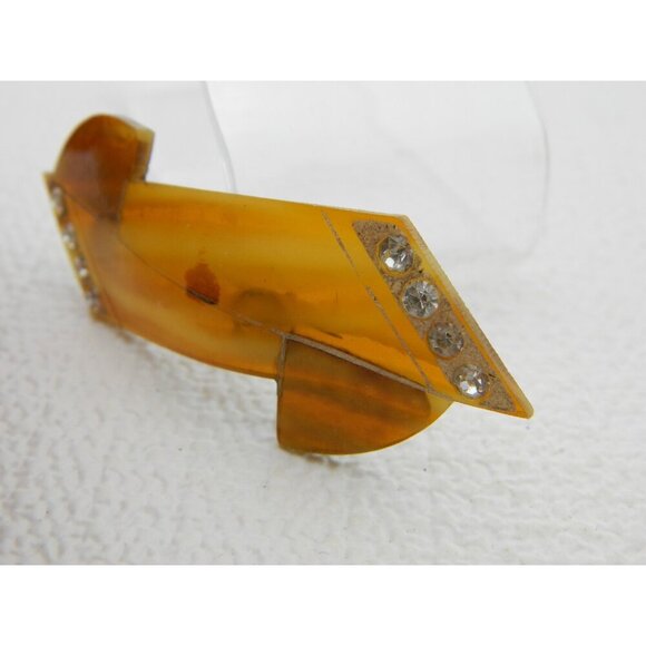 Vintage Faux Tortoise Shell Lucite Clear Rhinestone Pin Brooch - Picture 3 of 4